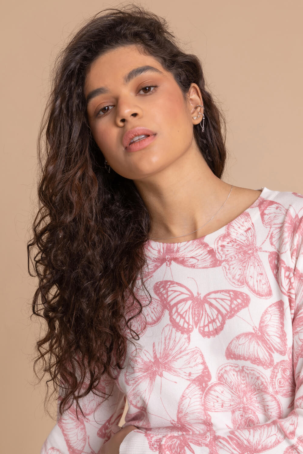 Light Pink Butterfly Print Crew Neck Jumper, Image 4 of 5