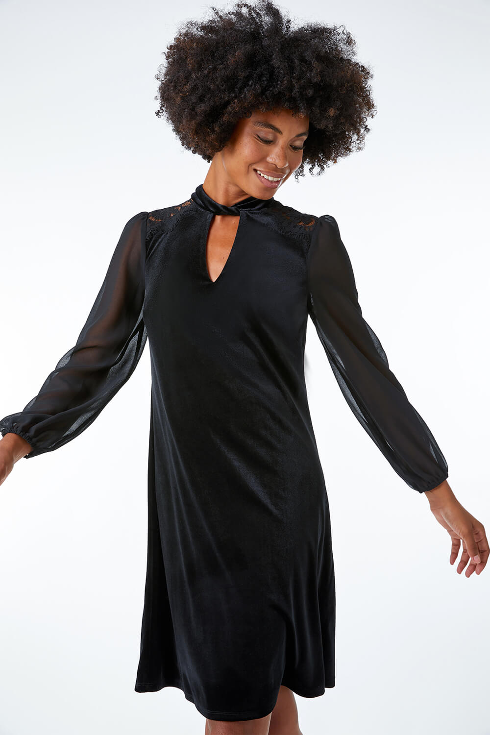 Black Velvet Lace Shoulder Swing Dress, Image 1 of 5