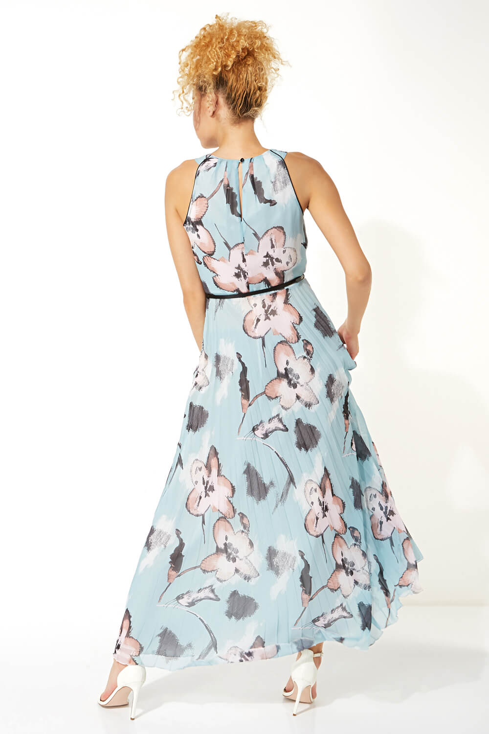 Mint Floral Halter Neck Pleated Maxi Dress, Image 2 of 5