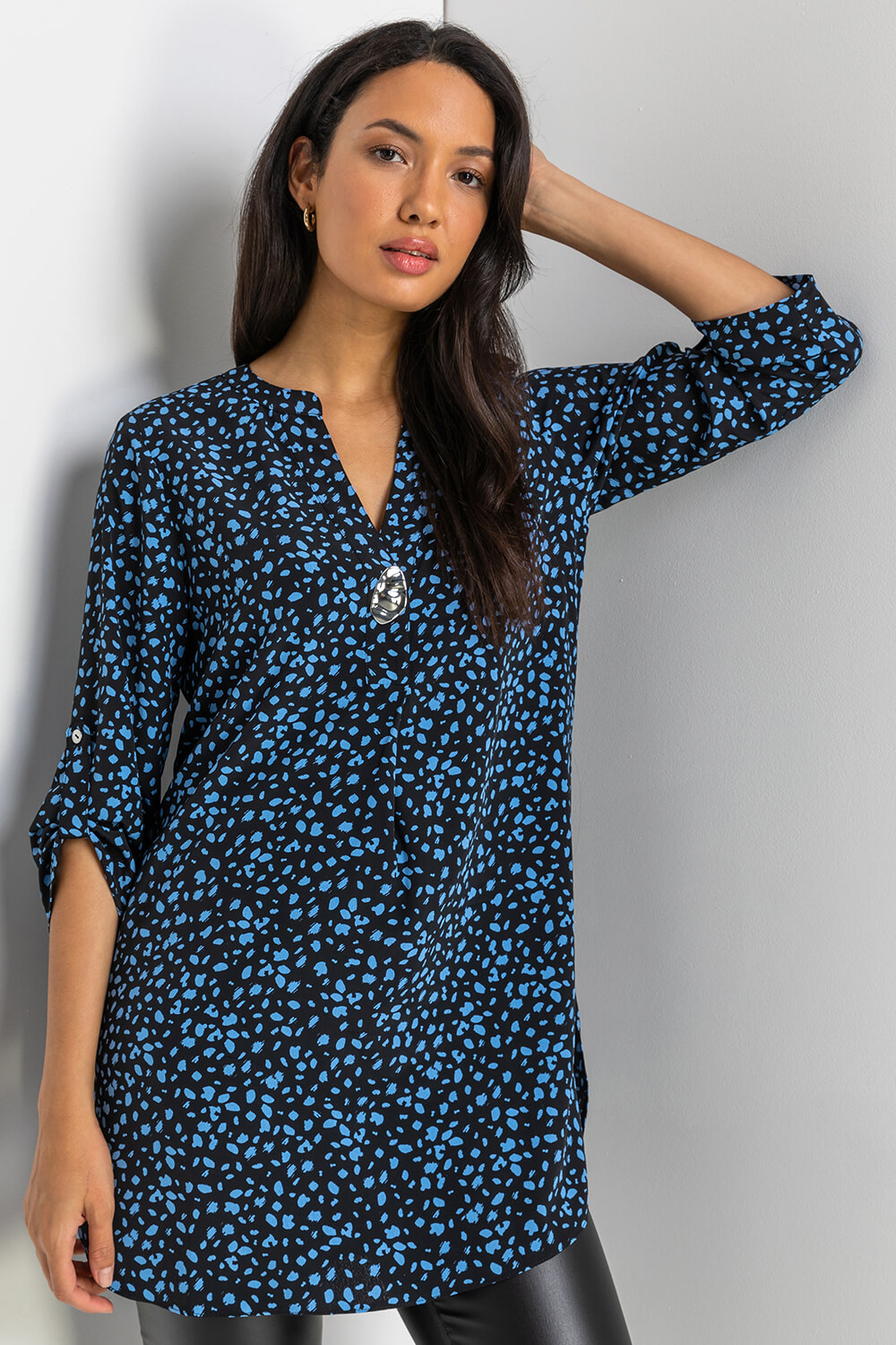 Blue Abstract Print 3/4 Sleeve Longline Top, Image 4 of 5