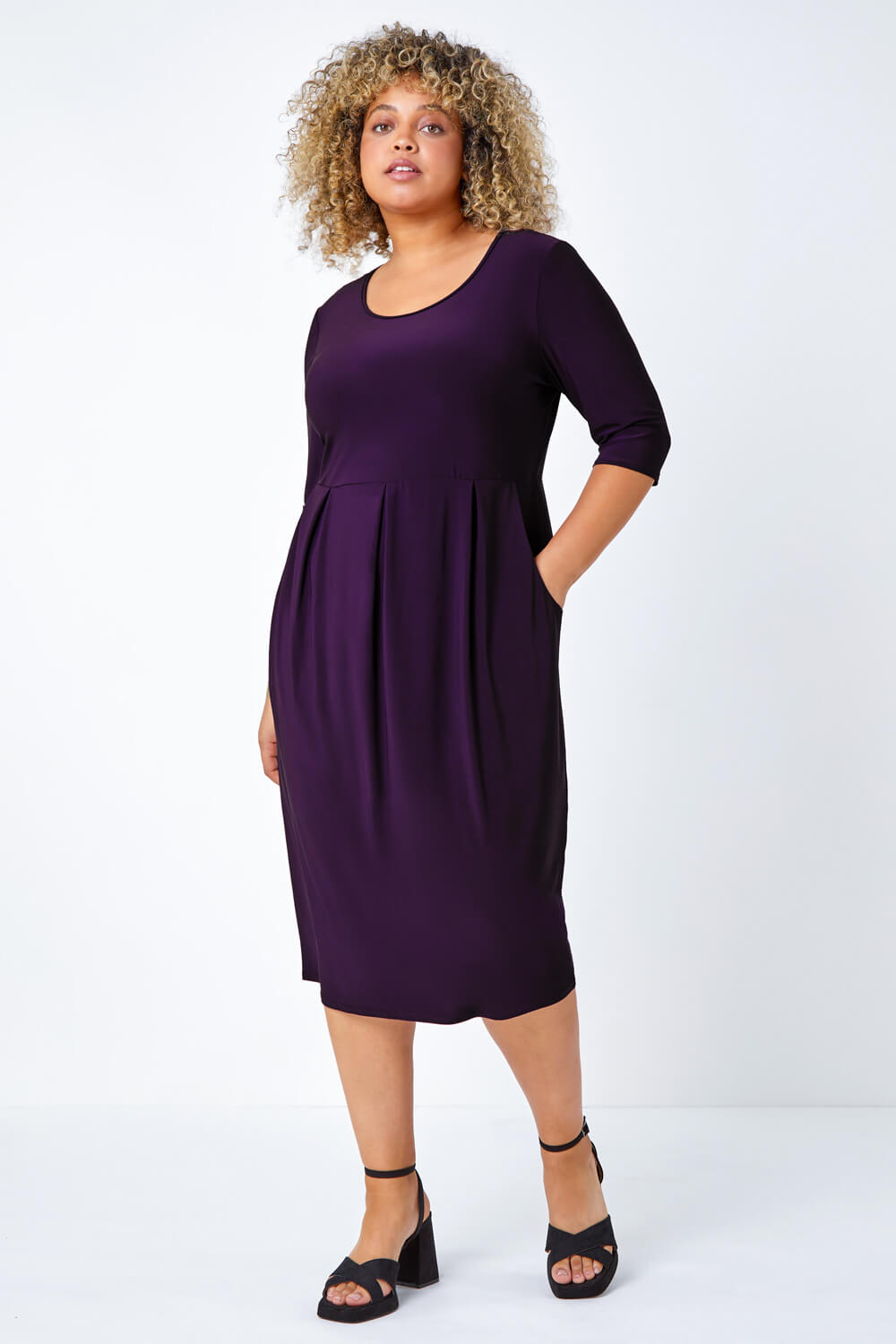 Purple Curve Pocket Detail Midi Stretch Dress, Image 2 of 5