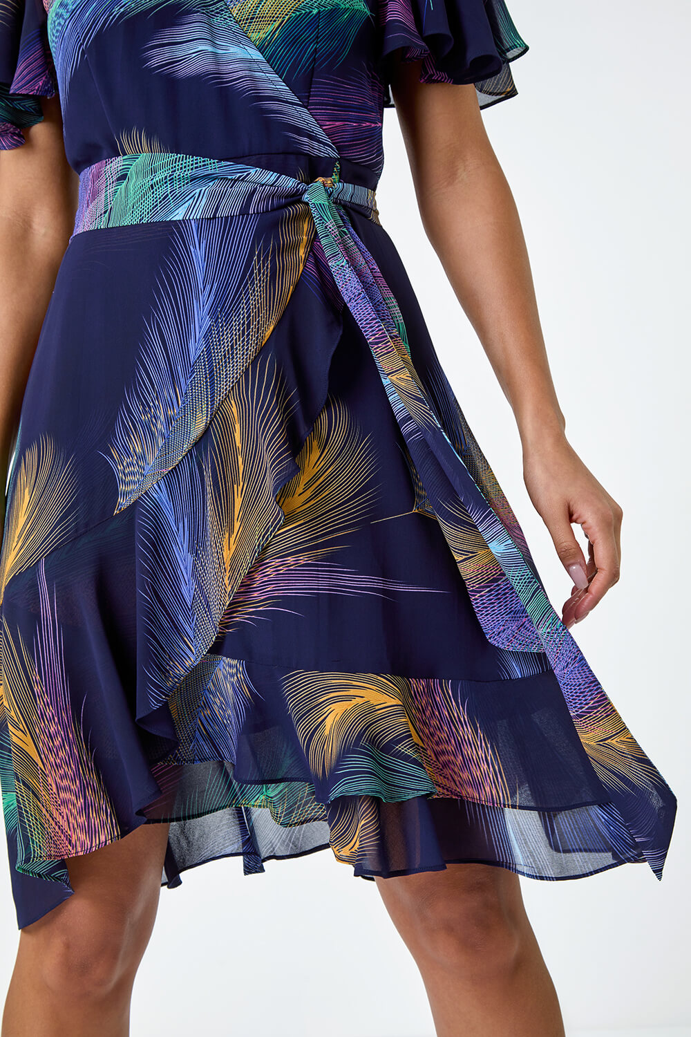 Navy  Feather Print Frill Trim Mini Dress, Image 5 of 5