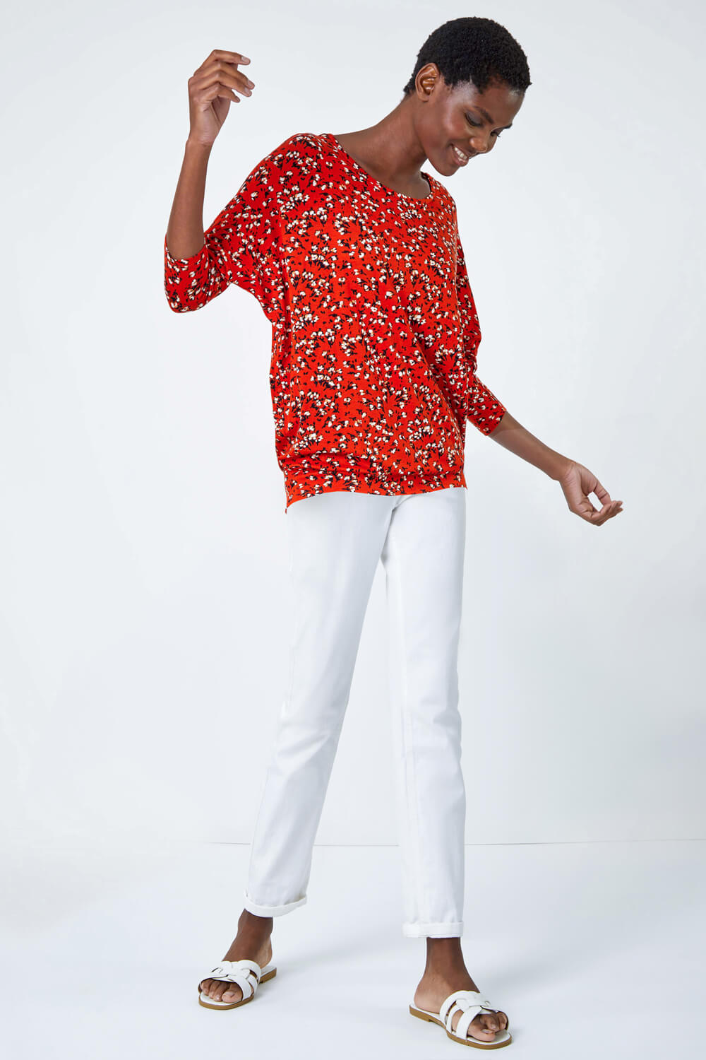 Rust Ditsy Floral Stretch Blouson Top, Image 2 of 5