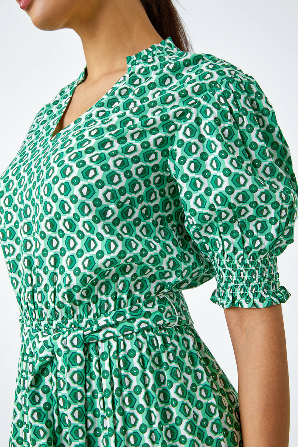 Green Geometric Tiered Belted Midi Dress, Image 5 of 5
