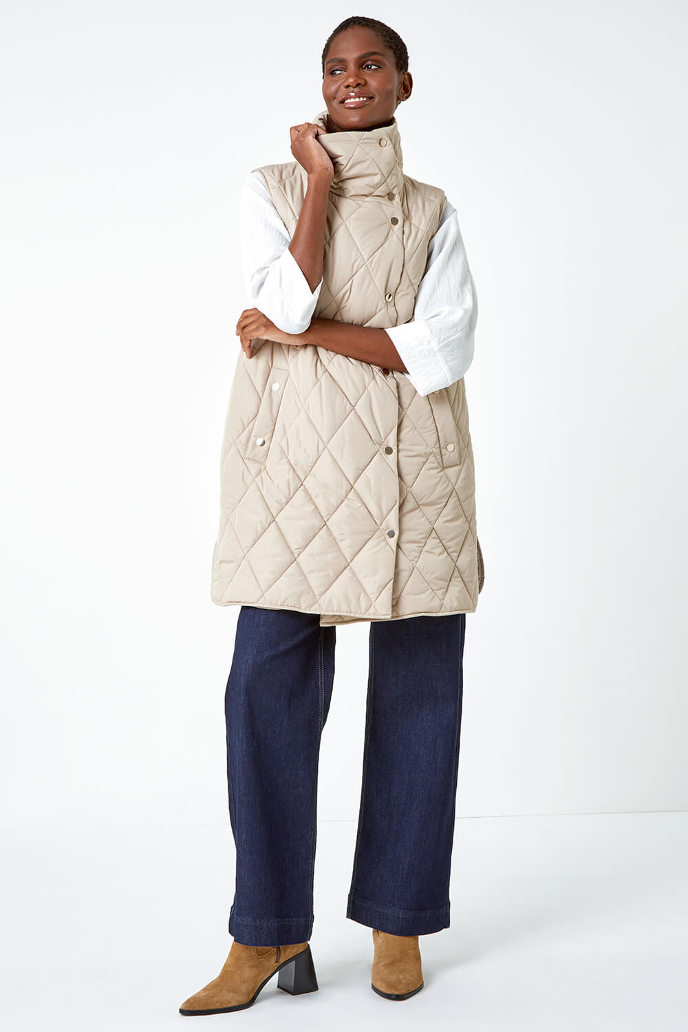 Natural  Quilted High Neck Longline Gilet, Image 4 of 5