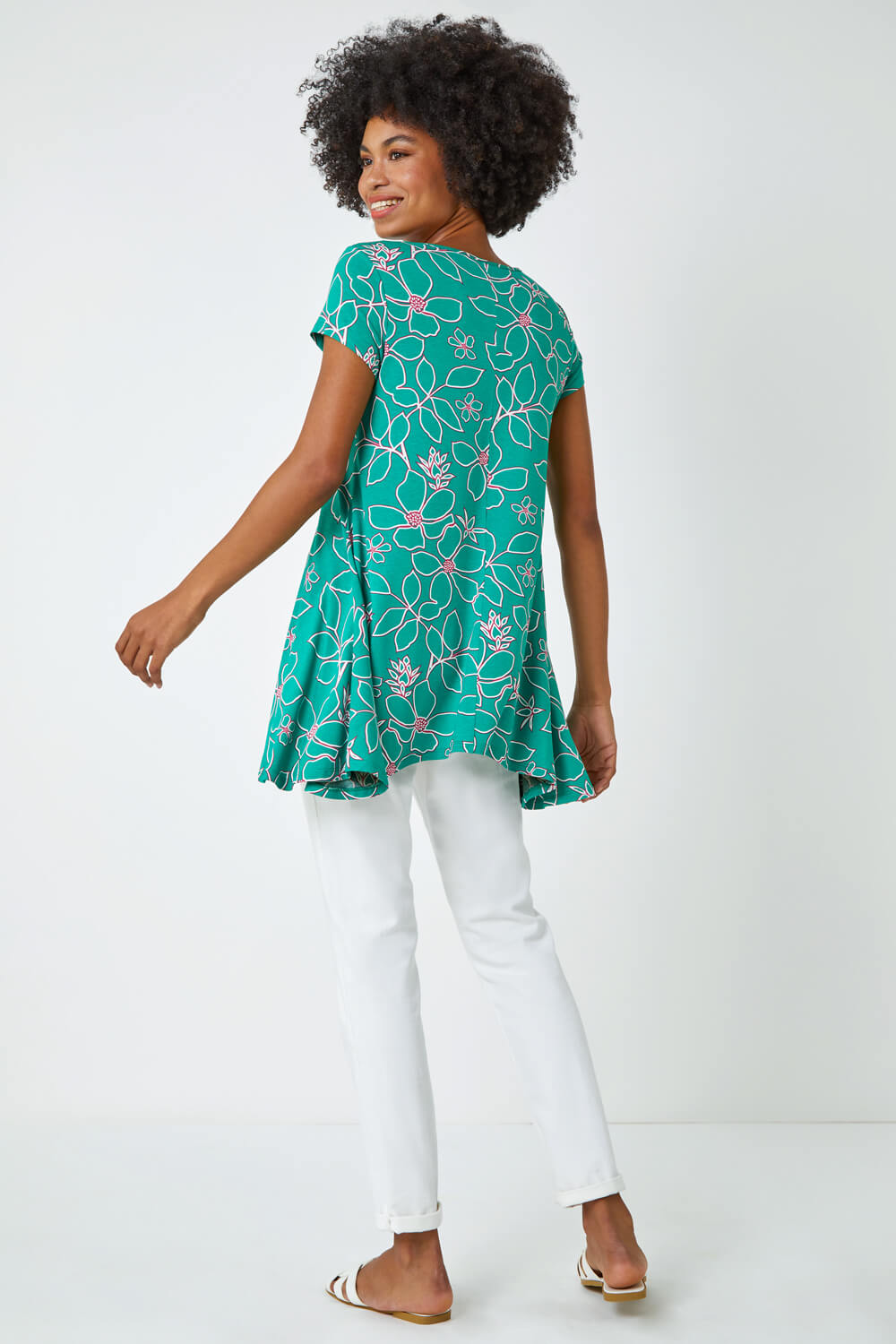 Green Floral Hanky Hem Tunic Top, Image 3 of 5