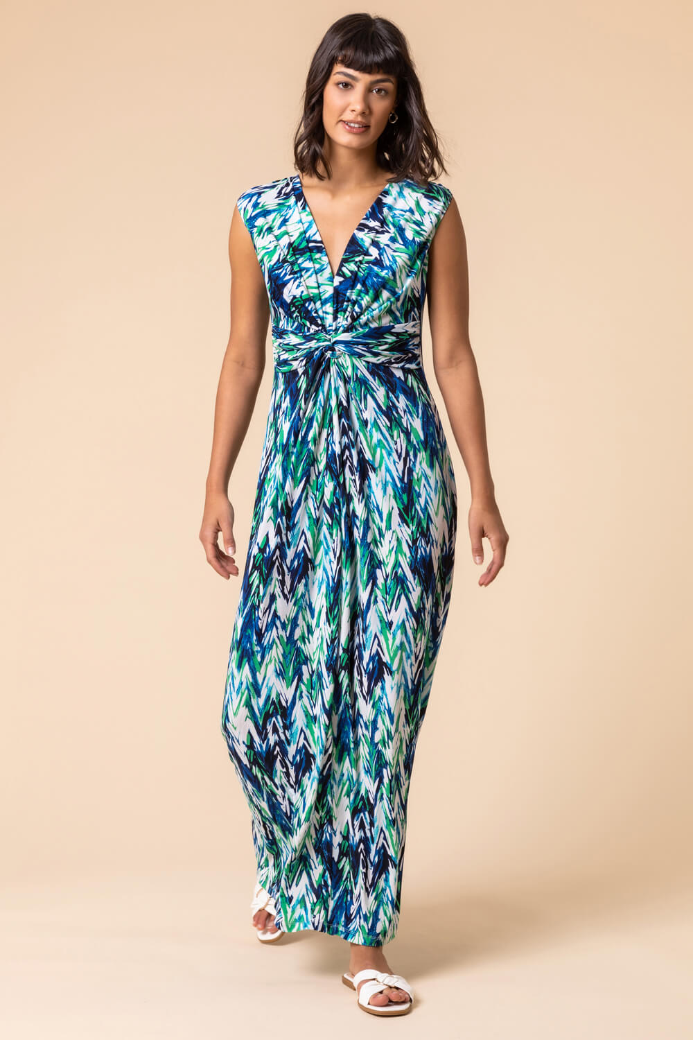 Green Abstract Print Twist Front Maxi Dress, Image 3 of 5