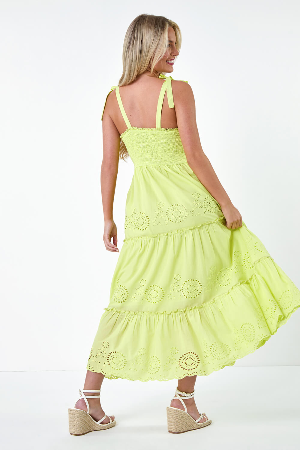 Lime Petite Cotton Broderie Tiered Maxi Dress, Image 3 of 5