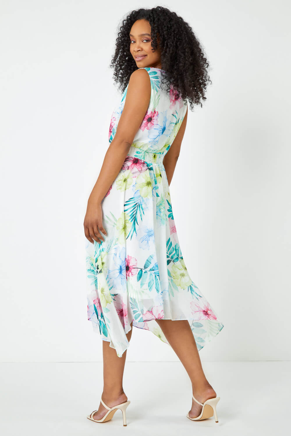 White Petite Floral Print Shirred Dress, Image 3 of 5