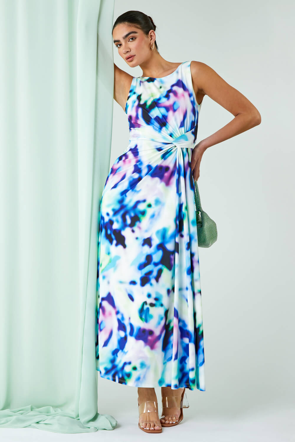 Blue Abstract Print Twist Drape Ruched Maxi Dress, Image 2 of 6