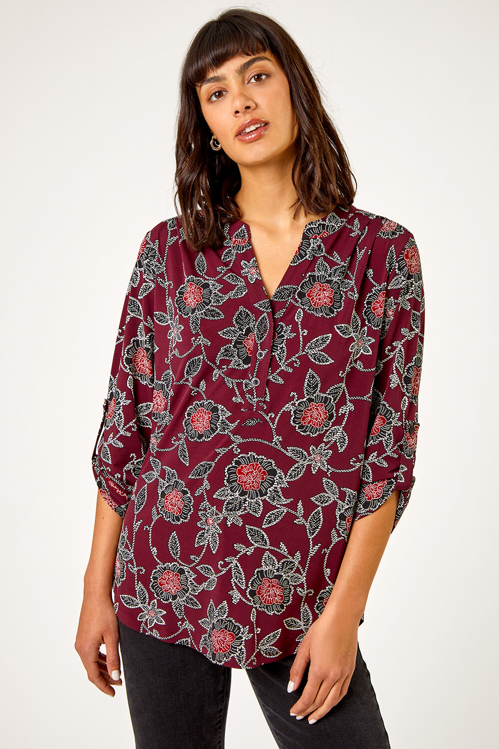 Wine Textured Floral Print Stretch Shirt , Image 4 of 5