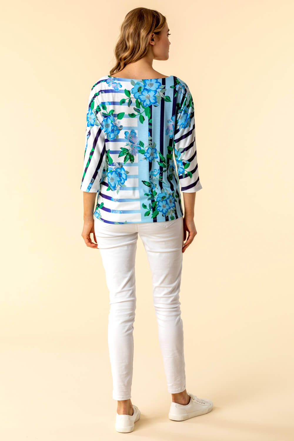 Light Blue  Floral Striped Batwing Top, Image 3 of 4