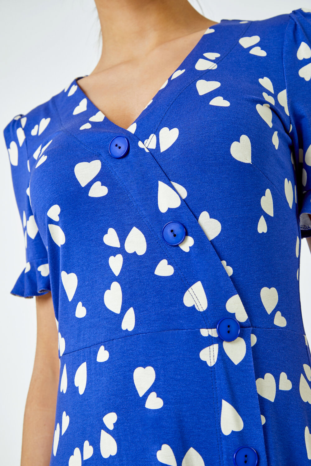 Royal Blue Heart Print Button Detail Tea Dress, Image 5 of 5