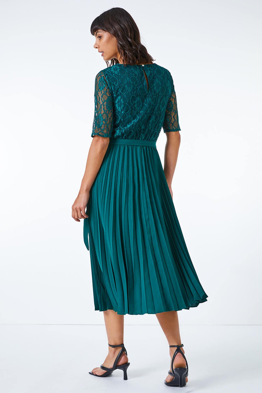 Green Lace Pleated Midi Dress, Image 3 of 5