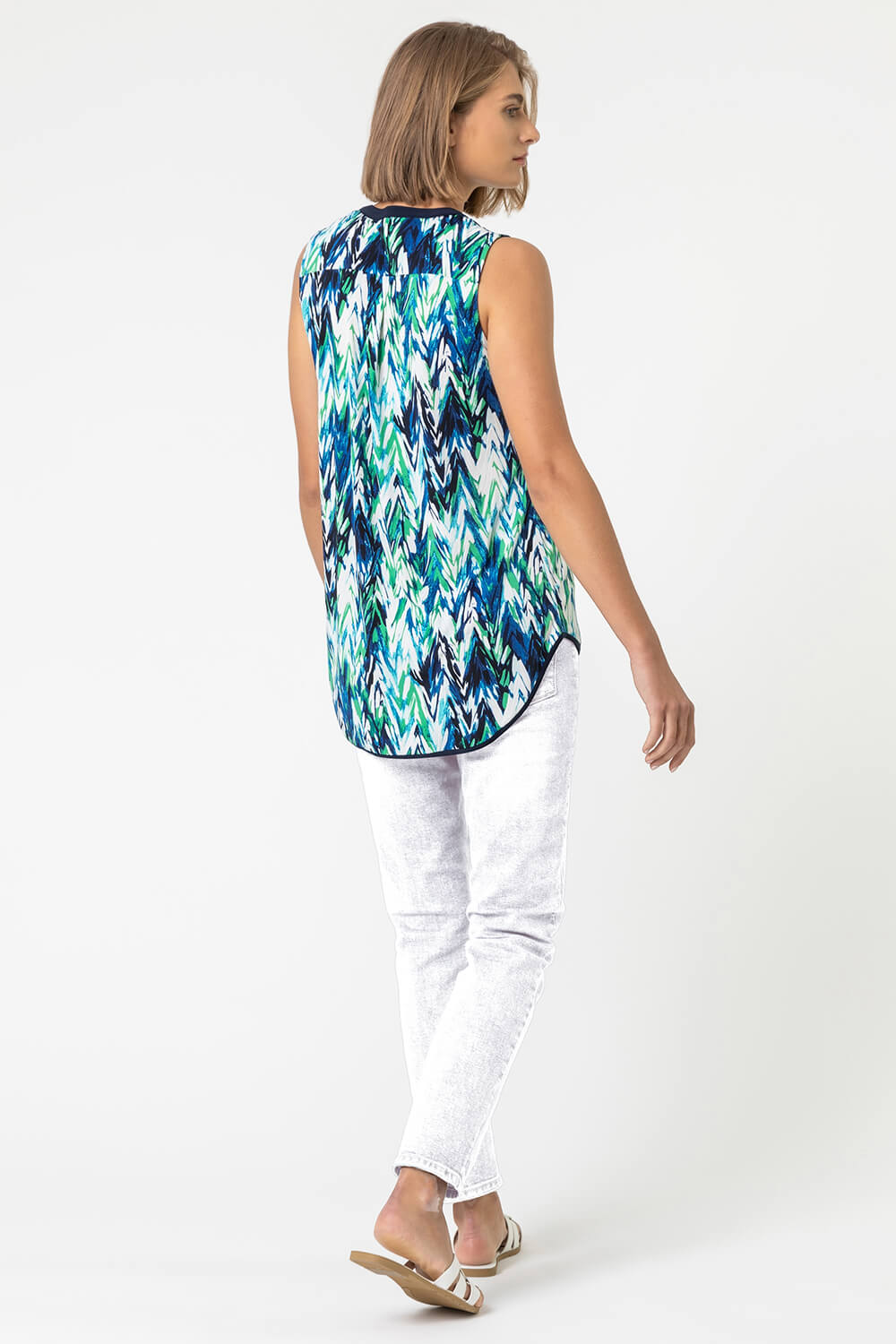 Green Abstract Print Notch Neck Sleeveless Top, Image 2 of 4