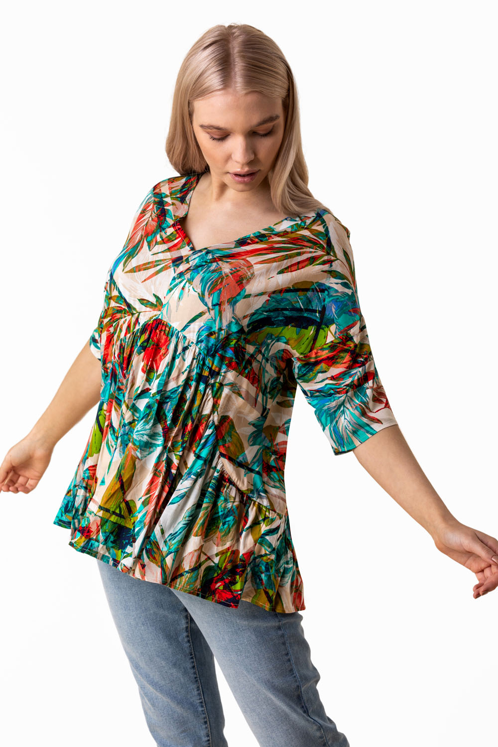 Multi  Tropical Print Tiered Top, Image 3 of 4