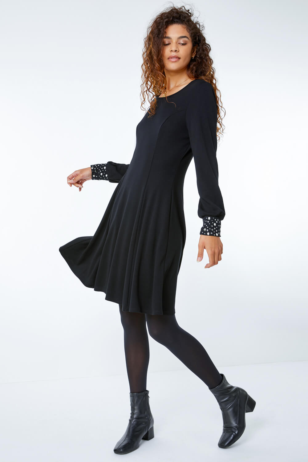 Black Embellished Cuff Skater Dress, Image 1 of 5