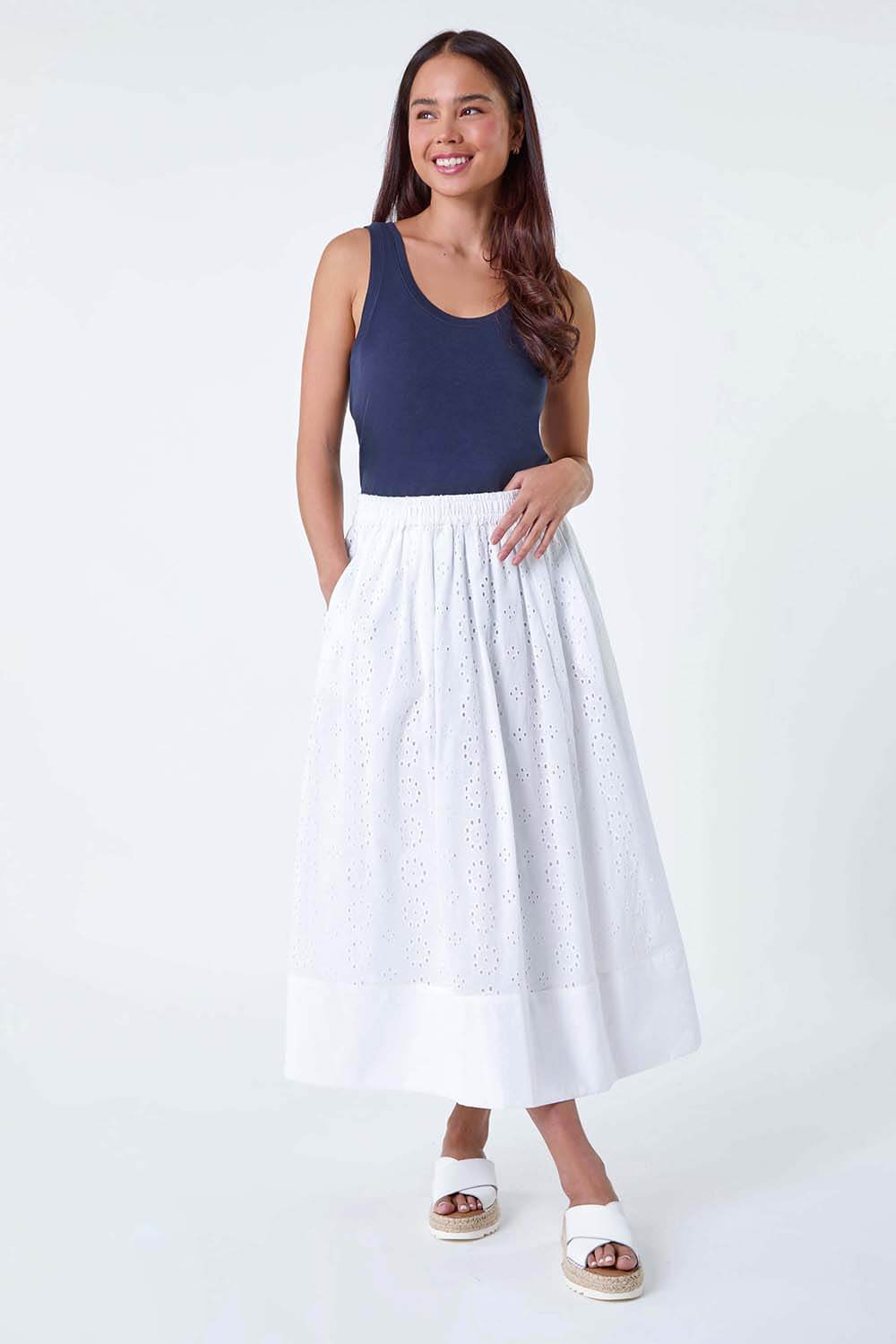 White Petite Cotton Broderie Midi Skirt, Image 2 of 5