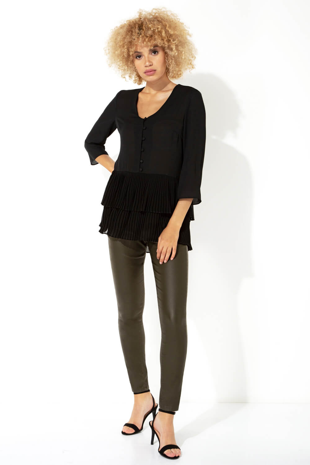 Black 3/4 Sleeve Pleated Button Front Top, Image 4 of 6