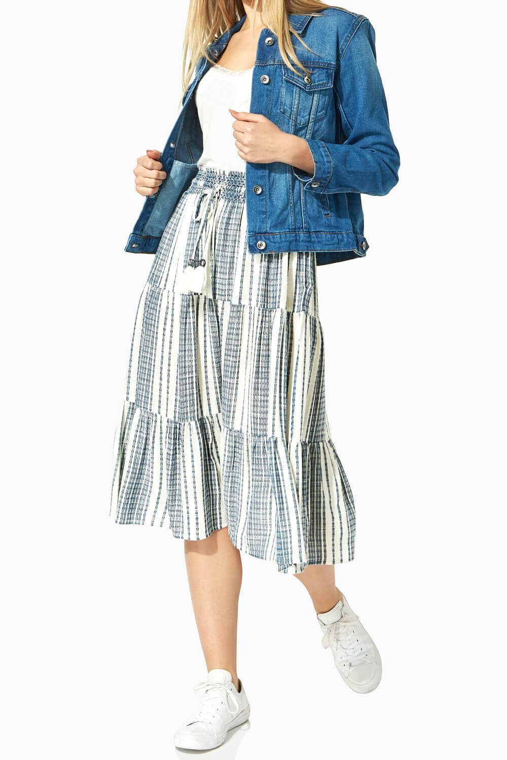 Blue Stripe Print Tiered Skirt, Image 4 of 4