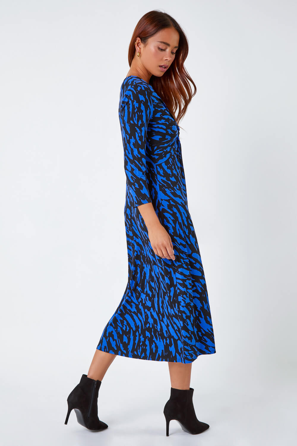 Blue Petite Abstract Knot Stretch Midi Dress, Image 3 of 5