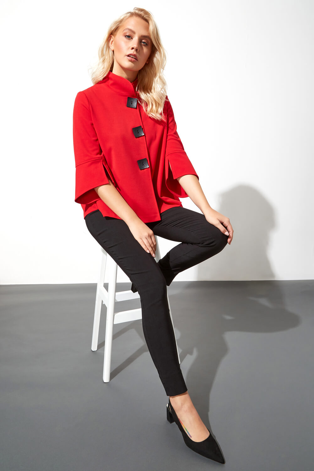 Red High Neck Button Detail Swing Jacket, Image 4 of 4