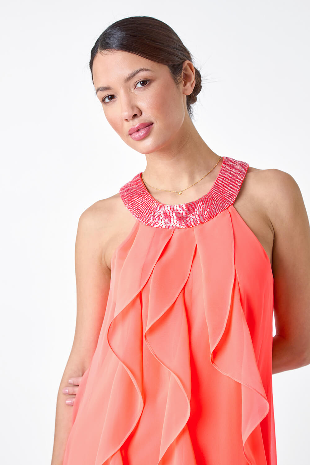CORAL Embellished Collar Frilled Chiffon Dress, Image 4 of 5
