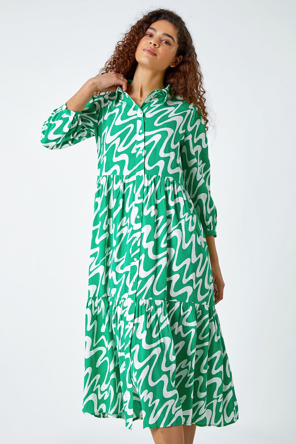 Green Wave Print Tiered Shirt Dress, Image 2 of 6