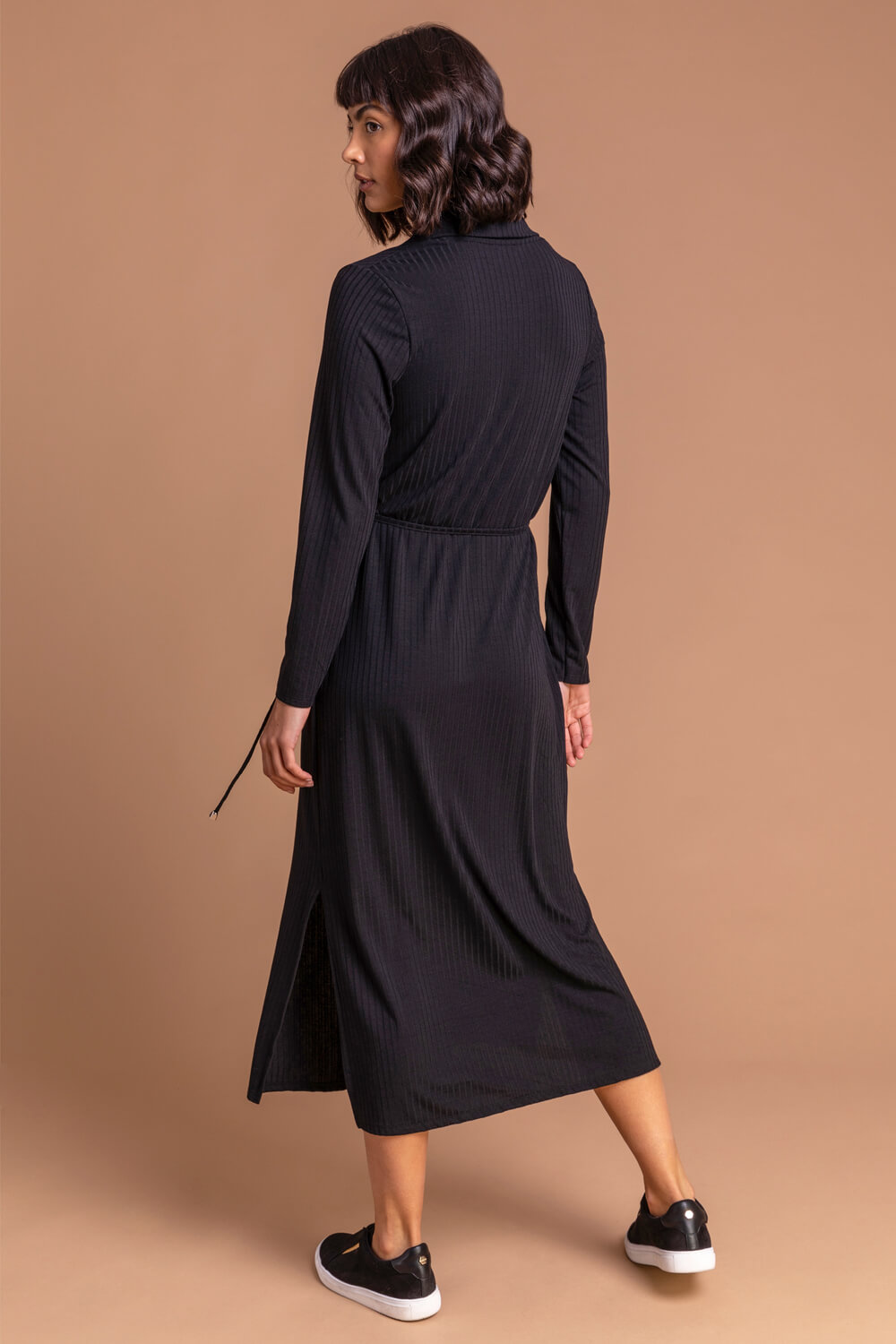 Black Ribbed Detail Belted Shirt Dress, Image 2 of 5