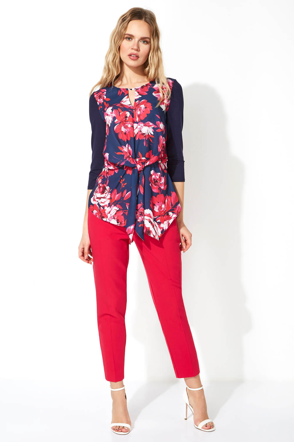 Fuchsia Floral Tie Front Keyhole Top, Image 4 of 5