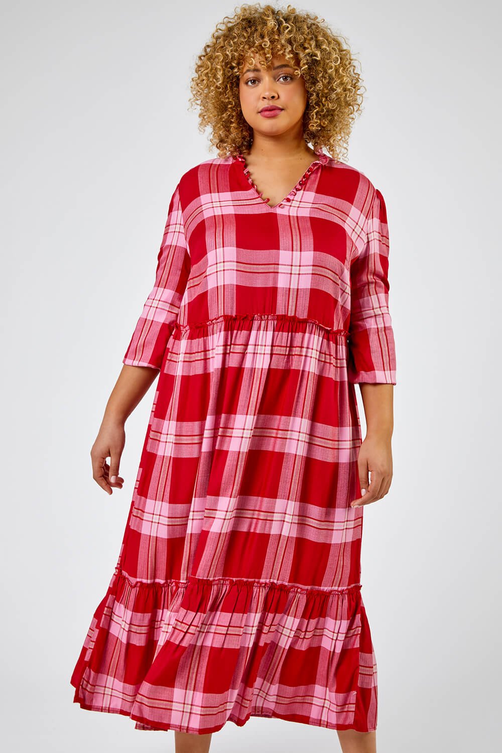 Curve Check Print Tiered Dress