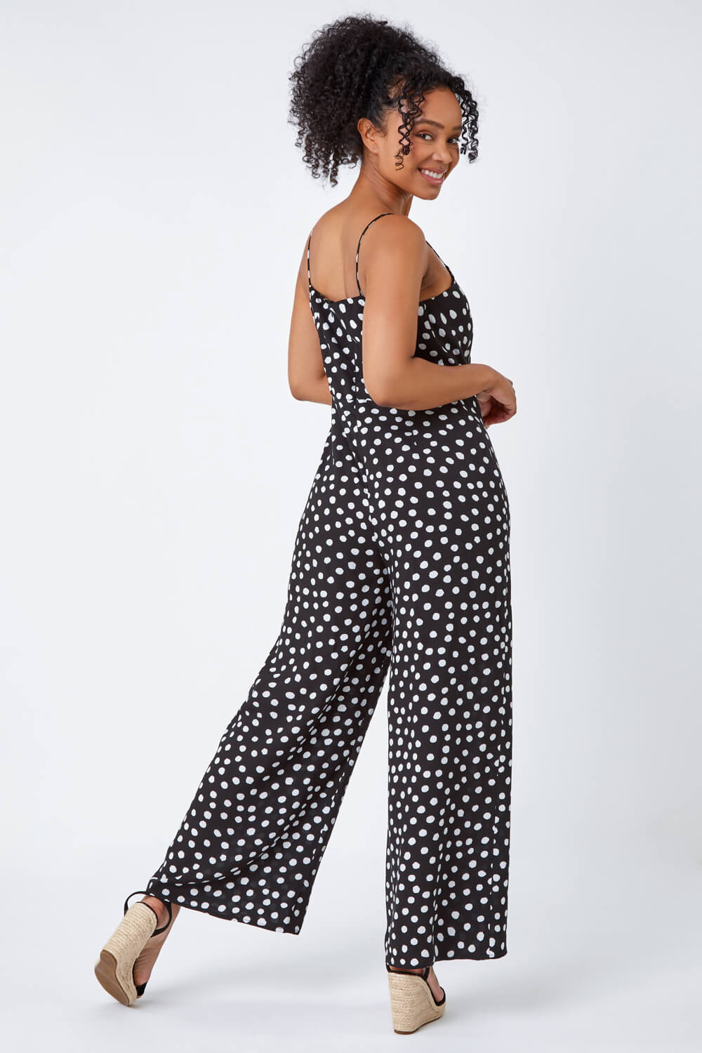 Black Petite Full Length Polka Dot Jumpsuit, Image 3 of 6