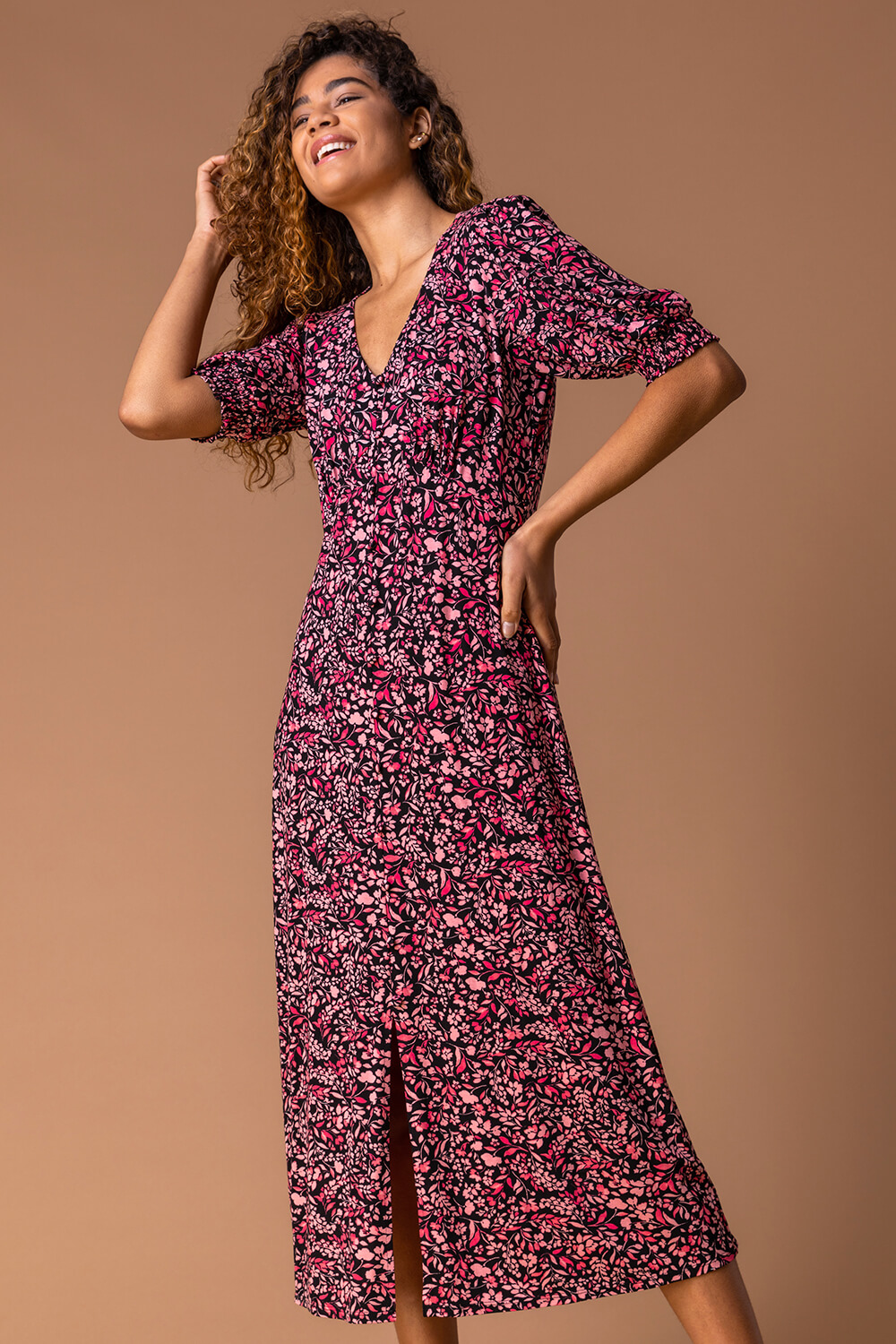 Rose Floral Print Puff Sleeve Midi Dress, Image 4 of 5