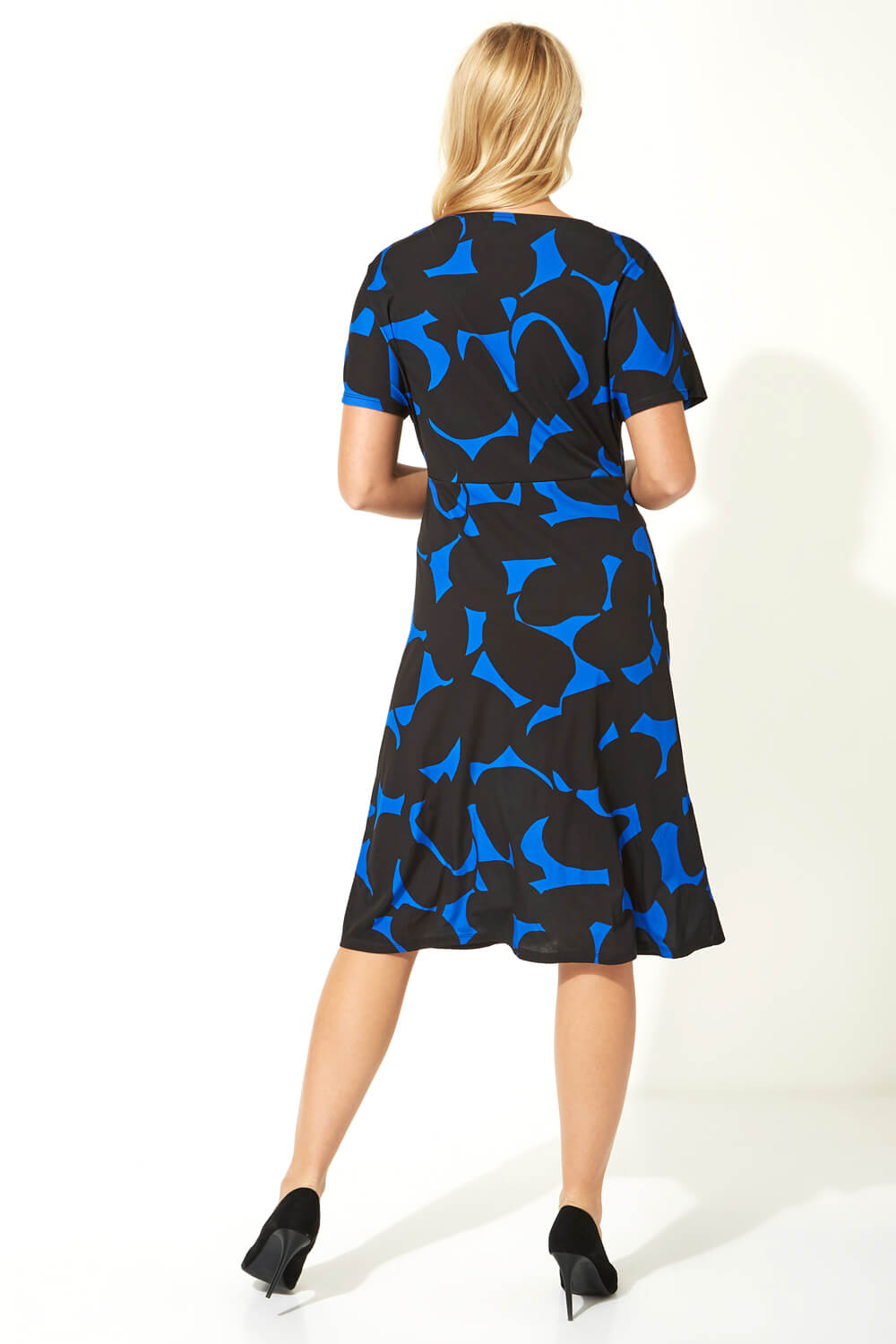 Royal Blue Abstract Leaf Print Gathered Dress, Image 3 of 5