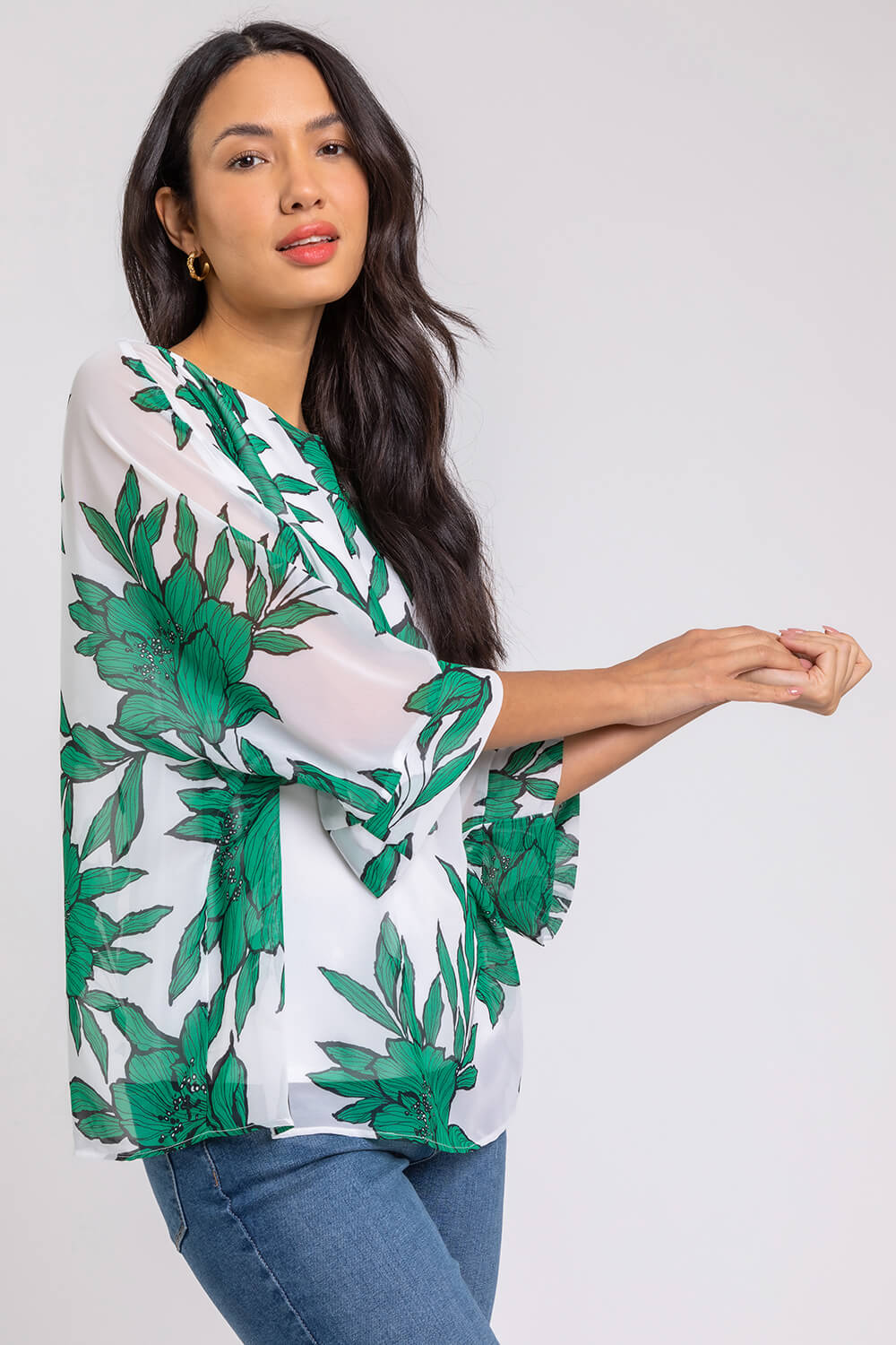 Green Floral Print Chiffon Overlay Top, Image 4 of 5