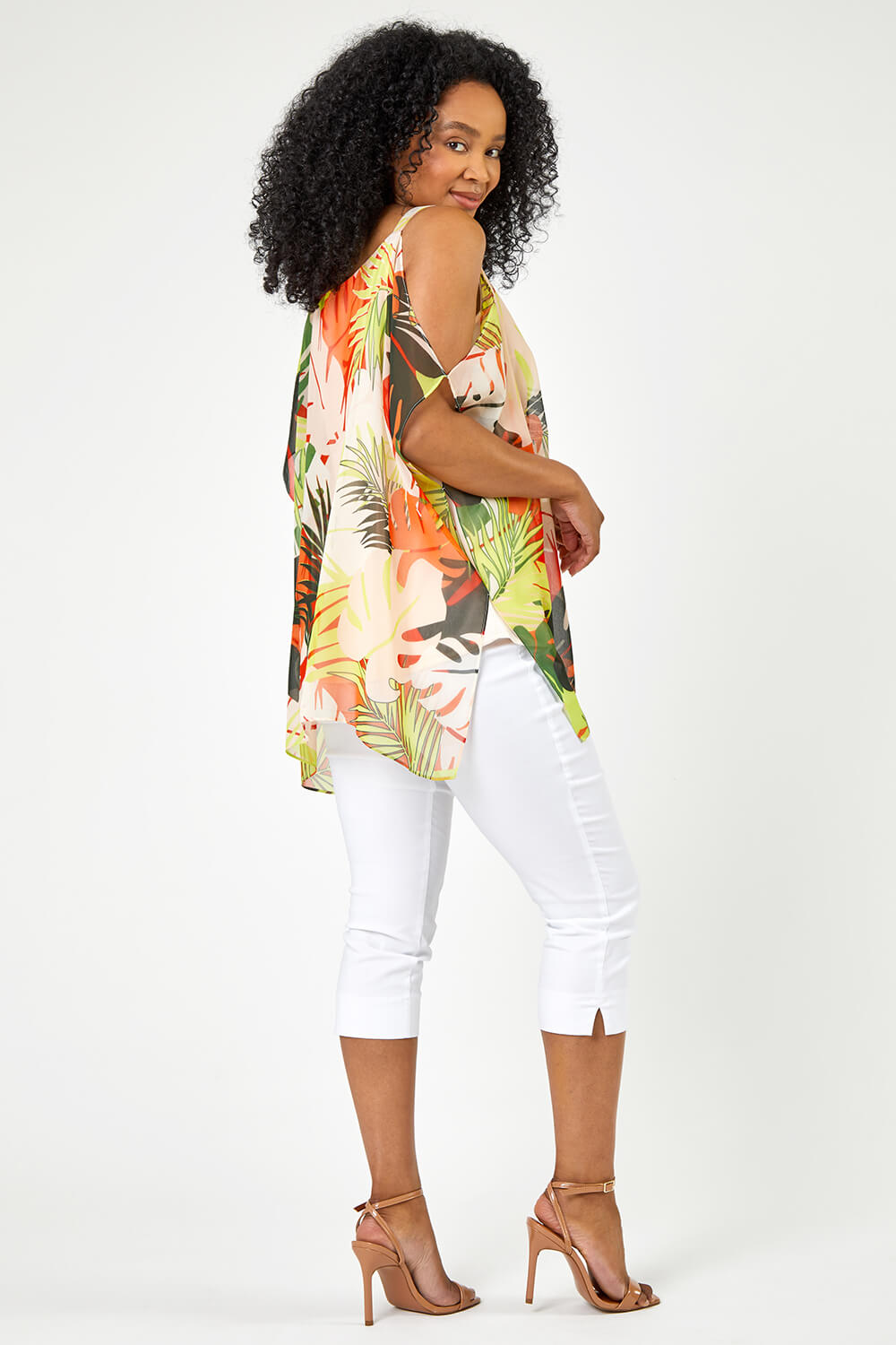 Lime Petite Tropical Cold Shoulder Overlay Top, Image 2 of 5