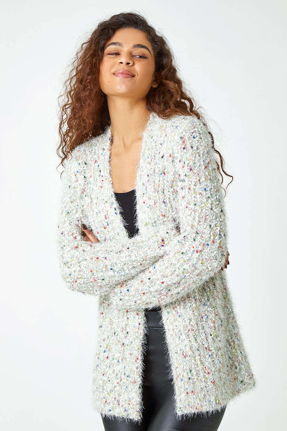 Natural  Fluffy Sparkle Cardigan, Image 2 of 5