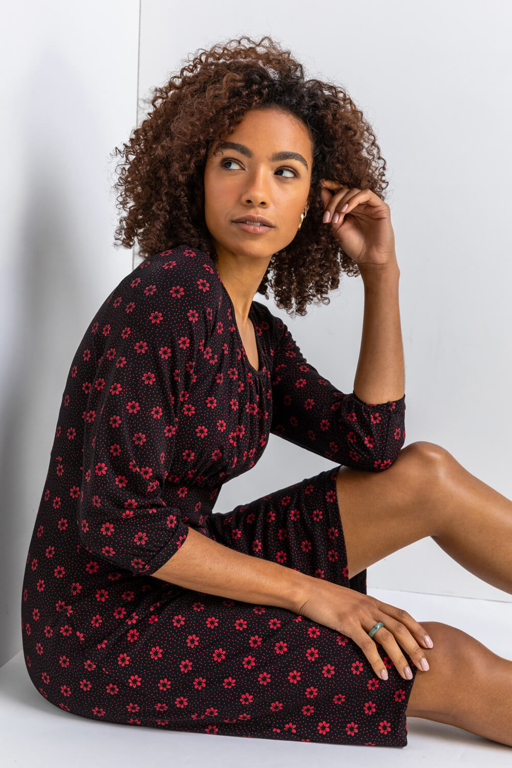 Red Square Neck Floral Spot Print Dress, Image 5 of 5
