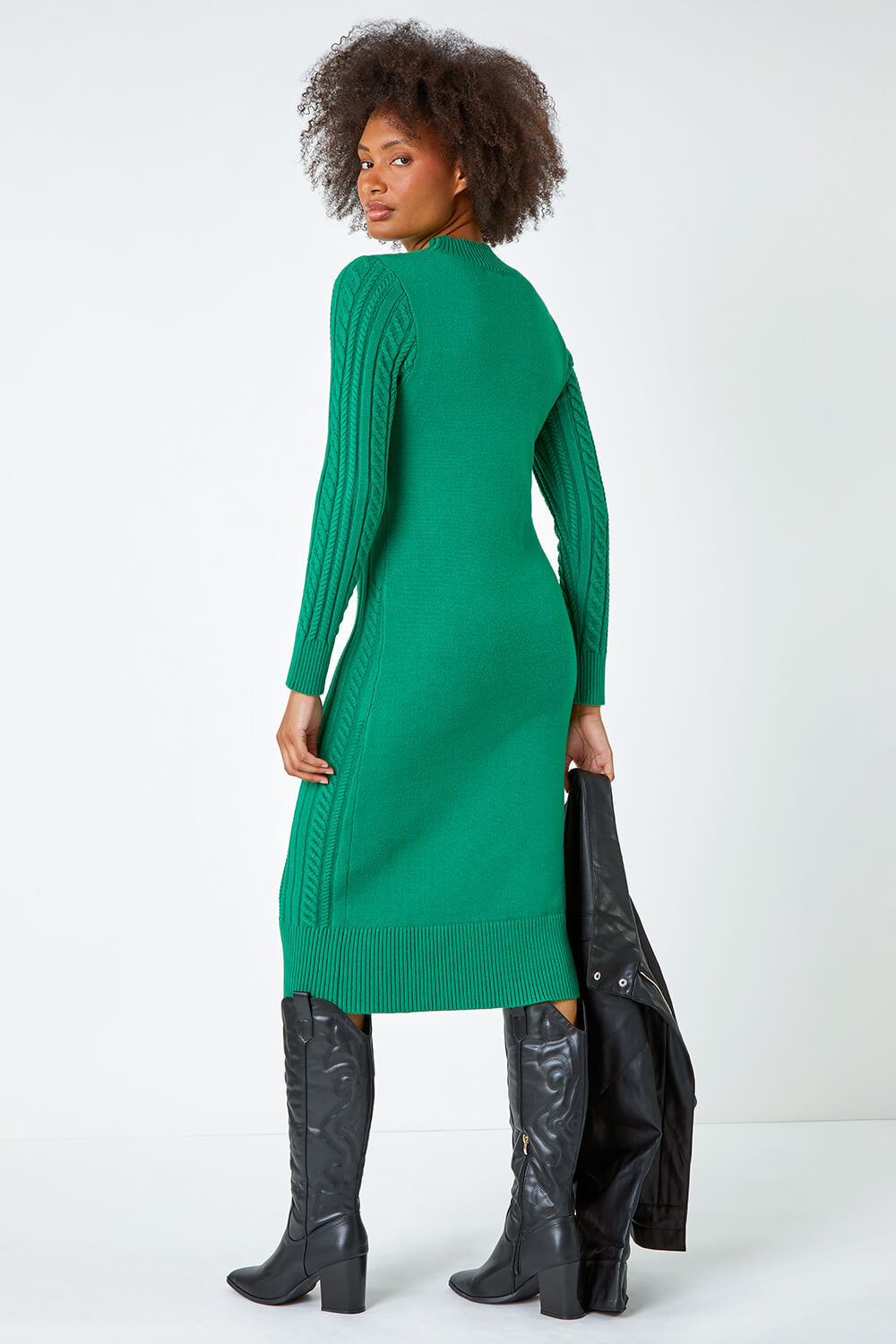 Green Cable Knit Midi Jumper Dress, Image 3 of 7