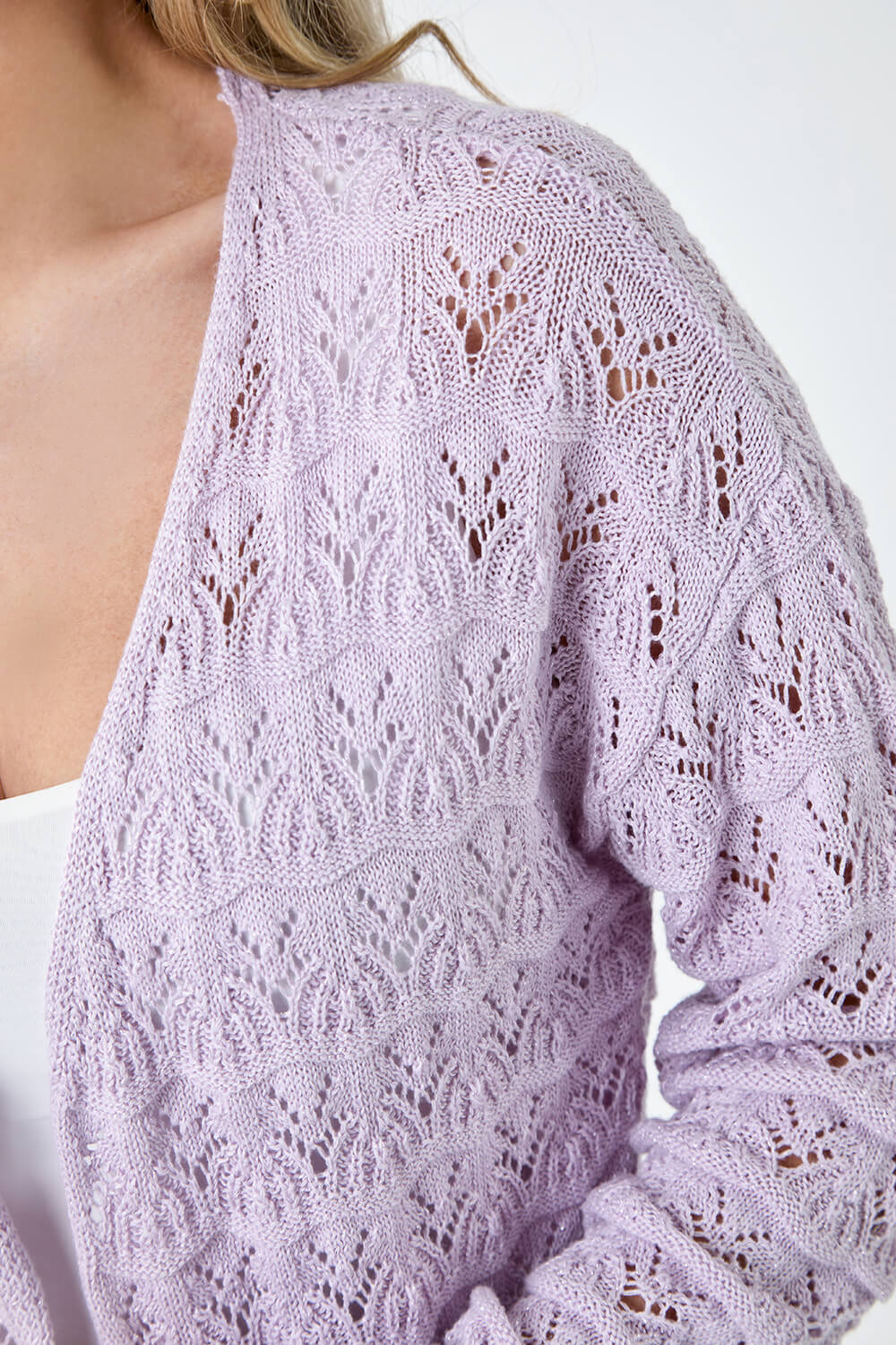 Lilac Petite Shimmer Crochet Knit Cardigan, Image 2 of 5