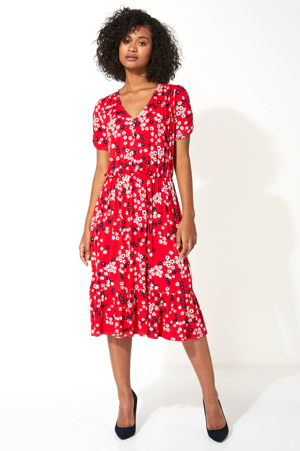 Red Floral Print Tiered Midi Dress , Image 2 of 5