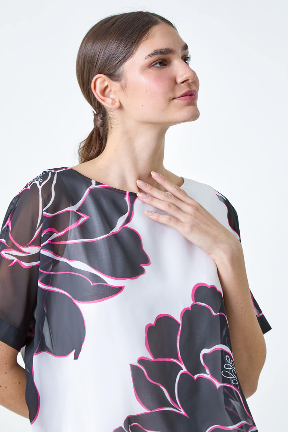Ivory  Floral Print Overlay Top, Image 4 of 5