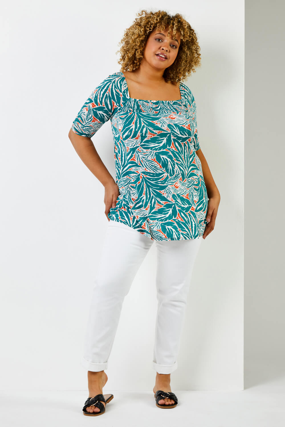 Green Curve Tropical Print Shirred Detail Top, Image 3 of 5