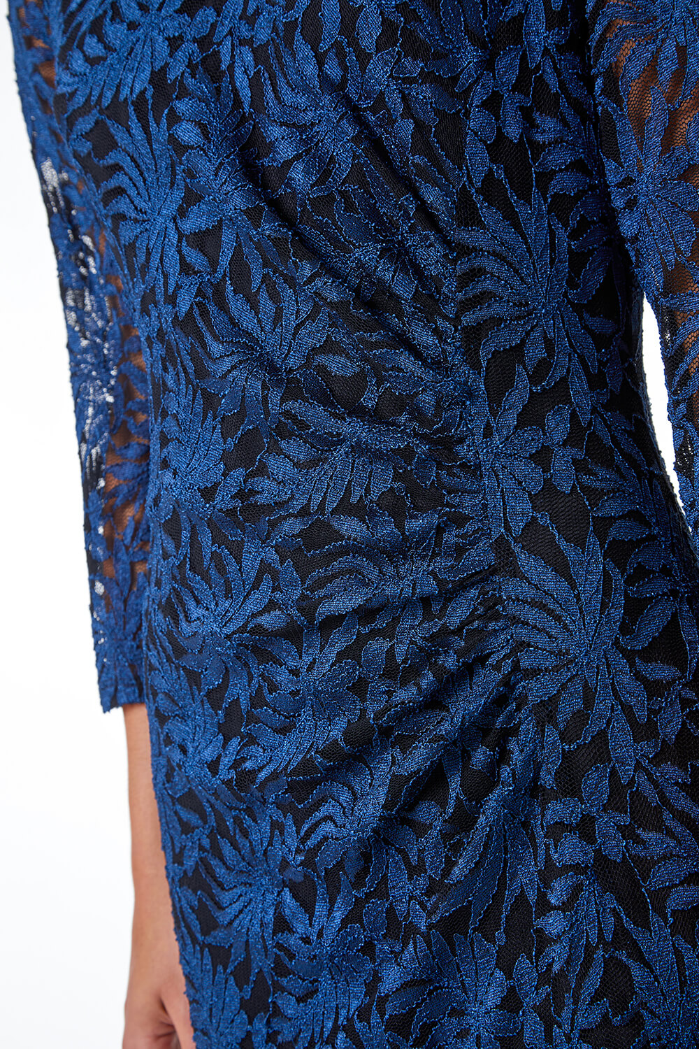 Petrol Blue Palm Print Ruched Lace Dress, Image 5 of 5