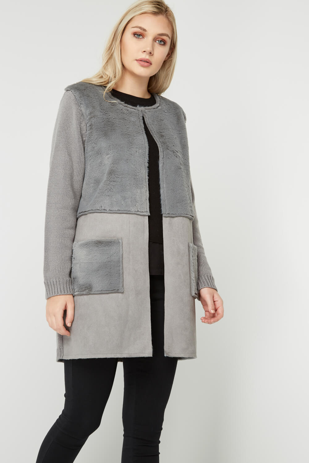 Shearling Coatigan With Pocket Detail In Grey Roman Originals Uk