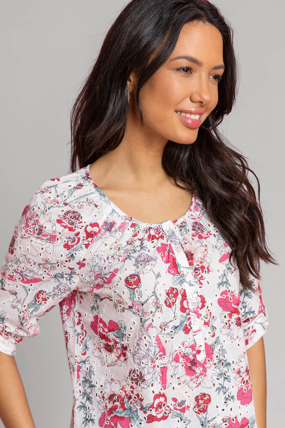 PINK Broderie Floral Print Button Top, Image 4 of 4