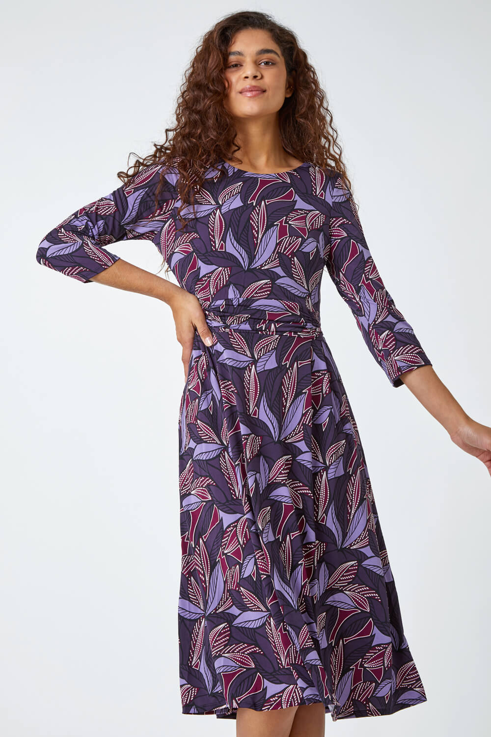 Purple Leaf Print Gathered Stretch Dress, Image 2 of 5