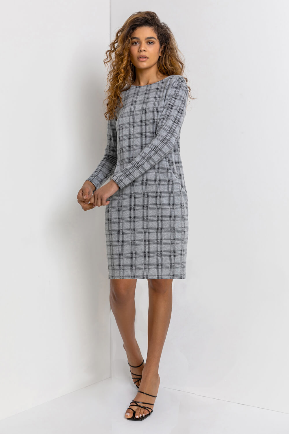 Grey Check Print Pocket Shift Dress, Image 5 of 5
