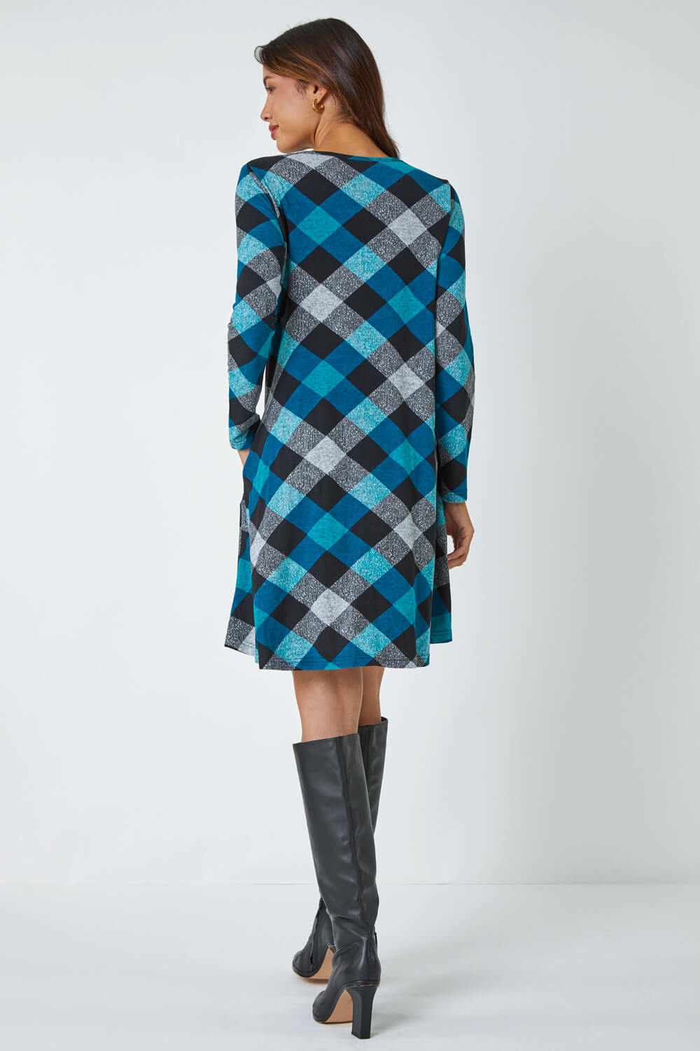 Teal Check Print Swing Stretch Dress, Image 3 of 5