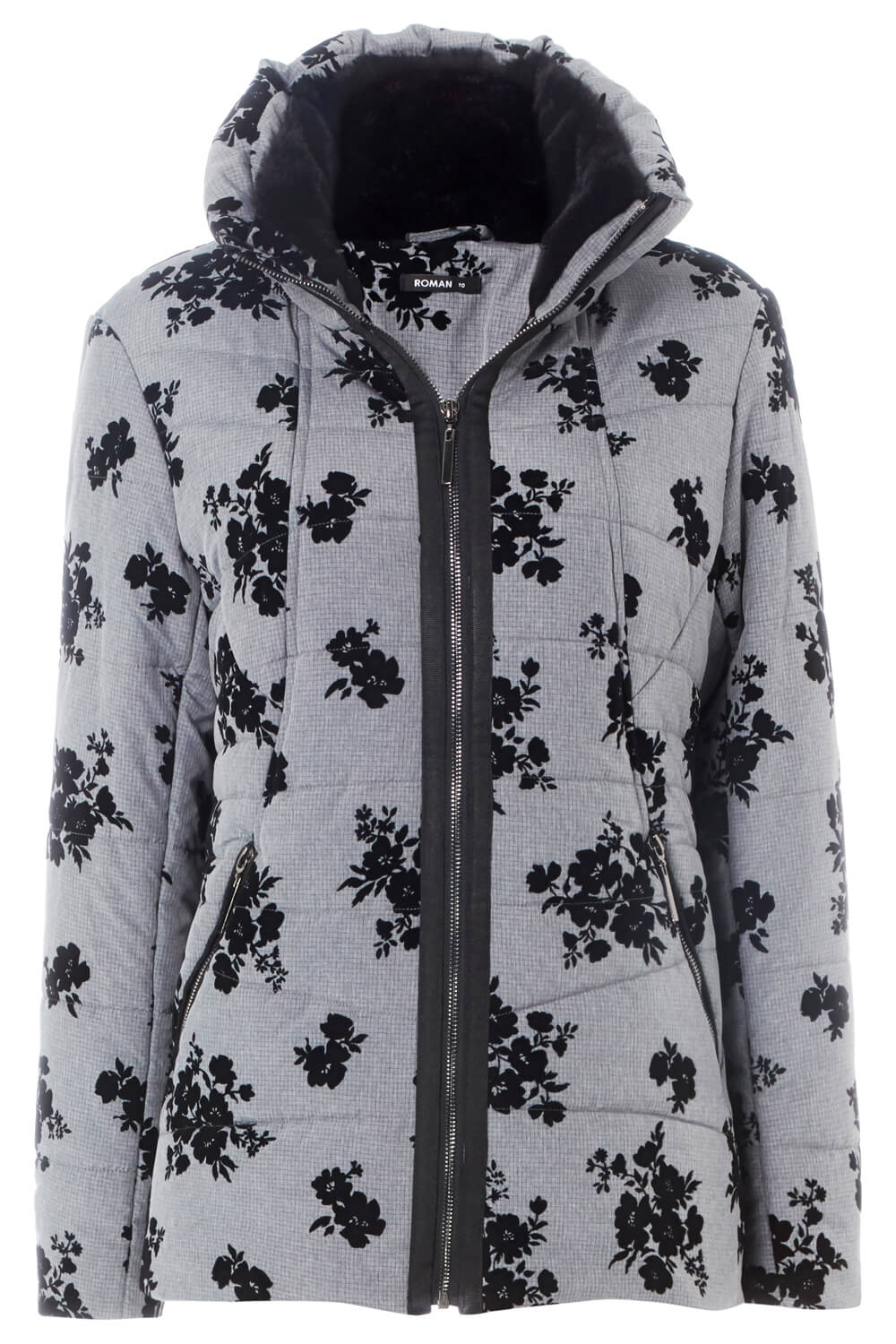 Grey Floral Flocked Padded Coat, Image 6 of 6